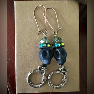 Black Howlite skull & snake earrings, sterling silver ear wires.